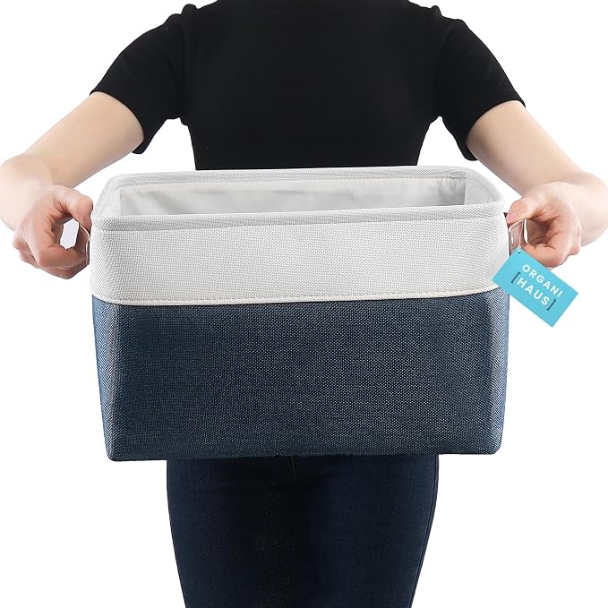 OrganiHaus 15x11in Canvas Storage Baskets 3 Pack - Fabric Bins for Shelves | Vegan leather handles; a decorative closet organizer for clothes, shoes, or toys; bedroom container