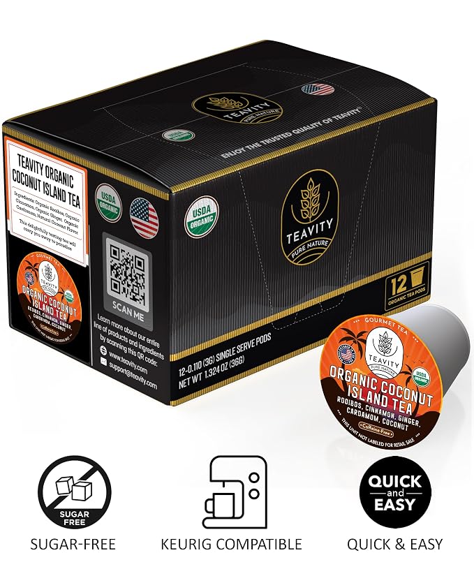 Coconut Island Teavity Keurig-Compatible Pods – Organic Rooibos Blend with Ginger, Cinnamon, Cardamom & Coconut (24 Count)
