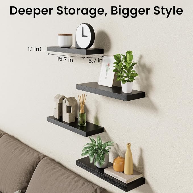 BAYKA Black Floating Shelves 15.7in, Set of 4, Wall Mount Rustic Wood Shelf | Easy Install, 22lbs Max Load, Hidden Bracket, Hanging Shelf for Books/Storage/Room Decor, Multi-Wall Compatible