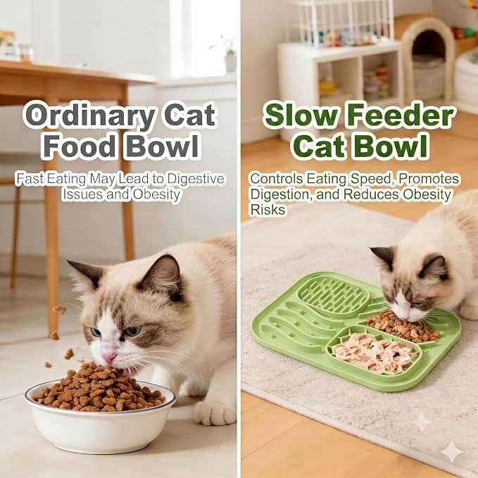 AZY 5-Piece Slow Feeder Cat Bowl Set with Strong Suction Cups | Silicone Lick Mat, Cat Treat Dispenser, Food Spoon & 2 Reusable Can Covers for Wet Food, Whisker-Friendly & Dishwasher Safe
