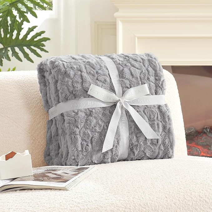 Cozy Bliss Faux Fur Throw Blanket for Couch, Fuzzy Soft Plush Thick Warm Fluffy Reversible Wave Textured Blanket for Sofa Bedroom Living Room, 55 * 70 Inches Grey (Pack of 2)
