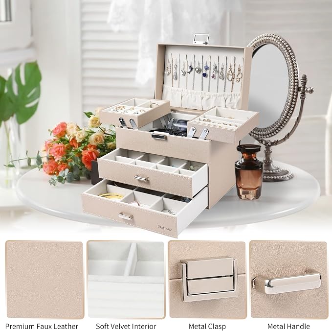 Jewelry Organizer Box, Large Jewelry Boxes for Women Girls, Space-Saving 4 Layers Jewelry Storage Case with Drawer, Movable Metal Stand, Modern, Gift Idea (Champagne + Silver)