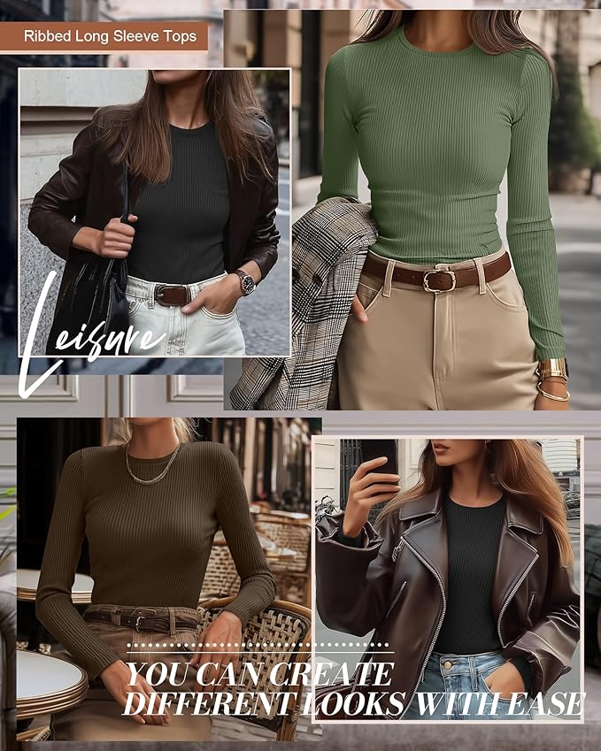Ficerd 3 Pack Women's Ribbed Long Sleeve Tops, Crew Neck Slim Fit Undershirts Knit Basic Casual Stretch Layering Tee Shirts