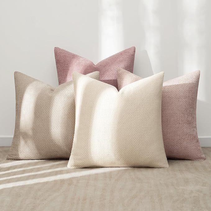 MIULEE Soft Decorative Chenille Pillow Covers Light Pink 16x16 Pack of 4 | Shabby Chic Decor, Romantic Blush Neutral Set, Couch Throw Pillows, Farmhouse Boho Cushion Covers for Sofa Bed Living Room