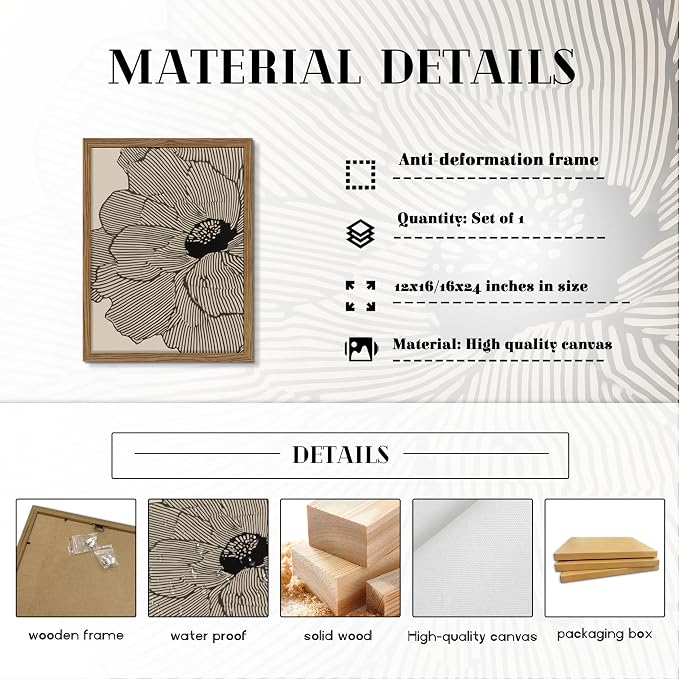 Framed Abstract Floral Wall Art, Neutral Line Flower Canvas Wall Decor Painting, Modern Minimalist Botanical Poster Print Picture for Living Room Bedroom Bathroom 12x16 Inch