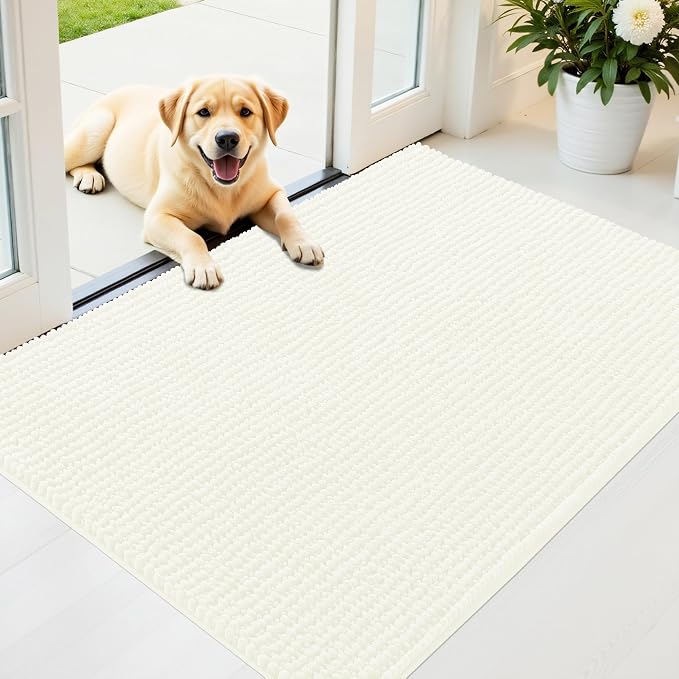 OLANLY Dog Door Mat for Muddy Paws 44x32, Extra Absorbent Chenille Mud Mat | Ivory, Absorbs Moisture and Dirt, Non-Slip Machine Washable Doormat, Quick-Drying Indoor Entryway Floor Mat for Dogs