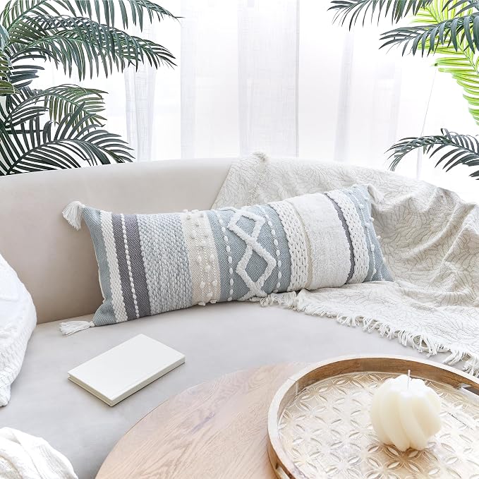 Decorative Boho Lumbar Pillow Cover 14x36 - Soft Textured Throw Pillow | Beautiful Accent Piece for Bed, Couch Decor or as Body Cushion - A Stylish Addition to Your Bedroom