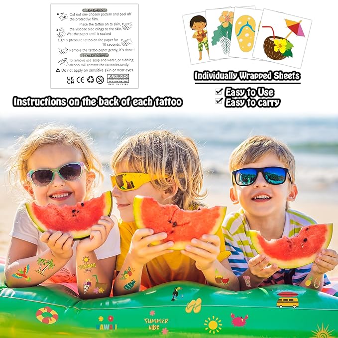 Partywind 408 PCS Kids Tattoos for Party Supplies, Individually Wrapped Sheet Temporary Tattoos Stickers for Kids Goodie Bag Stuffers, Fun Birthday Party Favors - Hawaiian