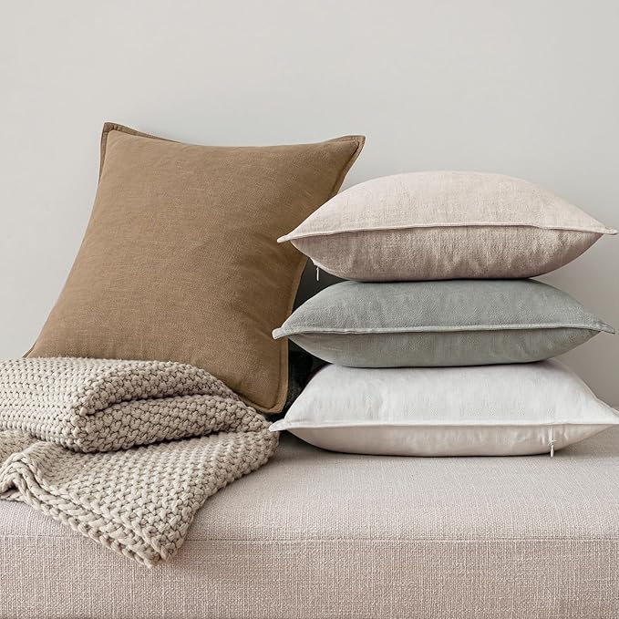 MIULEE Neutral Boho Linen Decorative Pillow Covers 18x18 Inch Pack of 4 | Natural Solid Throw Pillow Covers, Soft Farmhouse Couch Pillowcases, Modern Home Decors for Living Room Bed Sofa