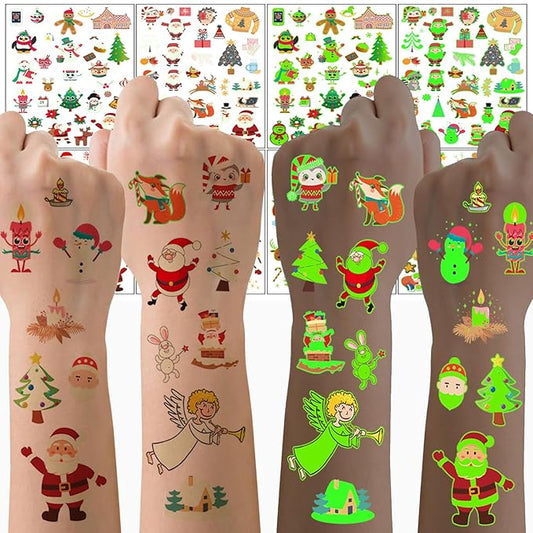 Christmas Temporary Tattoos Glow in the Dark Face Stickers Luminous Snowman Tattoos Mixed Styles Elk Christmas Tree Eye Fake Tattoos Cute Waterproof Stickers for Girls Body Art Makeup 4 Sheets