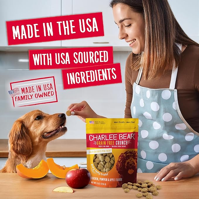 Charlee Bear Crunchy Dog Training Treats, Chicken Pumpkin Apple, 8oz 2-Pack | Low Calorie 3 cal, Grain Free, Natural Mini Treats, For Puppies Small Medium Large Dogs, USA Made
