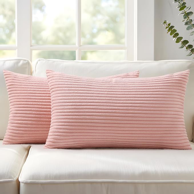 Mecatny Corduroy Decorative Throw Pillow Covers 12x20 Set of 2 Pink | Soft Striped Texture, Hidden Zipper Design, Neutral Boho Lumbar Pillow Cases for Sofa Couch Living Room Bedroom, Home Décor
