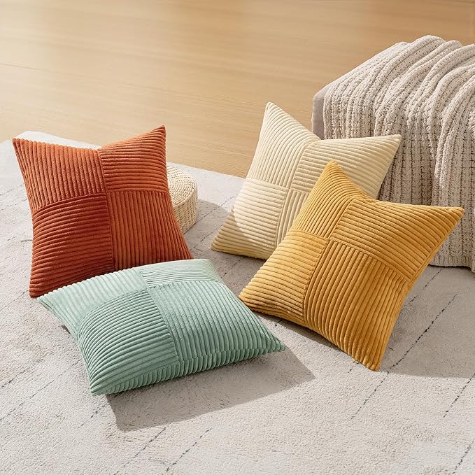MIULEE Fall Teal Orange Decorative Throw Pillow Covers 18x18 Inch Set of 4 Boho Corduroy Striped Cushion Cases Modern Farmhouse Patchwork Pillow Cases for Couch Sofa Bedroom Home Decor