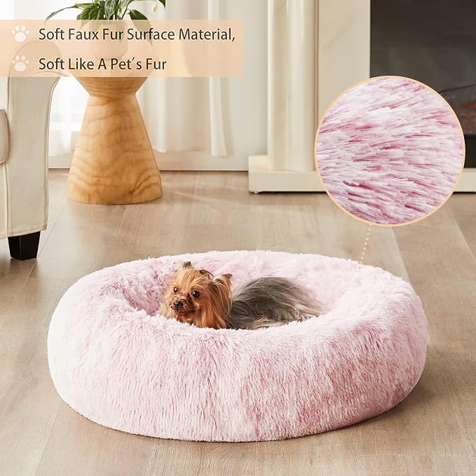 WNPETHOME Large Pink Round Calming Dog Bed Cat Bed for Comfy Sleep | Large Cute Washable Puppy & Cat Bed with Fluffy Plush, Faux Fur Anti Anxiety Pet Bed Donut Cuddler (45x45x10 Inch)