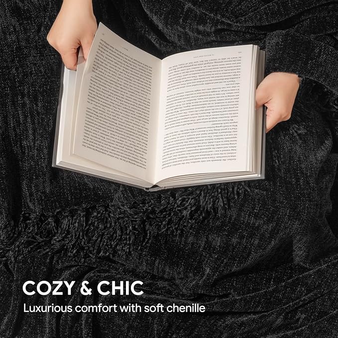 RECYCO Chenille Throw Blanket for Couch, 50"x60", Black | Super Soft Knit Throw Blanket with Fringe Tassels, Lightweight Knitted Throw, Cozy, Ideal for Sofa Chair Bed Living Room Gift