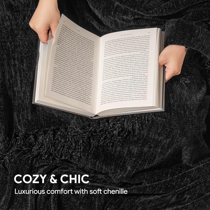 RECYCO Chenille Throw Blanket for Couch, 60"x80", Black | Super Soft Knit Throw Blanket with Fringe Tassels, Lightweight Knitted Throw, Cozy, Ideal for Sofa Chair Bed Living Room Gift