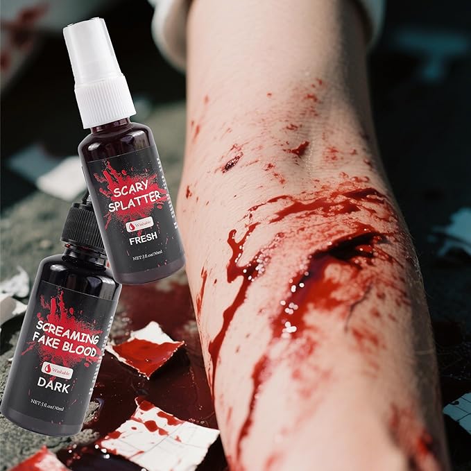 Halloween Makeup Kit-Scar Wax, 6-Color Bruise Crayons, 3-Types Fake Blood (Spray + Dripping + Coagulated Gel) + Spatula & Sponges – For Zombie/Vampire/Monster Cosplay