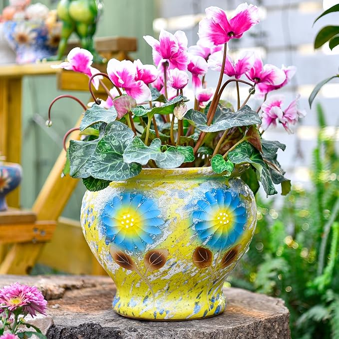 Sungmor 9 Inch Hand Painted Ceramic Succulent Plant Pots - Yellow & Daisy | Vintage Decorative Pottery Planters for Indoor Outdoor Plants, Table Centerpieces & Flower Arrangement Home Decor