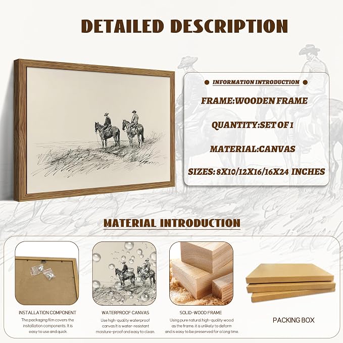 Framed Western Wall Art, Cowboys on Horses Sketch Picture Print, Western Wall Decor, Vintage Country Farmhouse Western Cowboys Canvas for Living Room Bedroom Home 12x16 inch