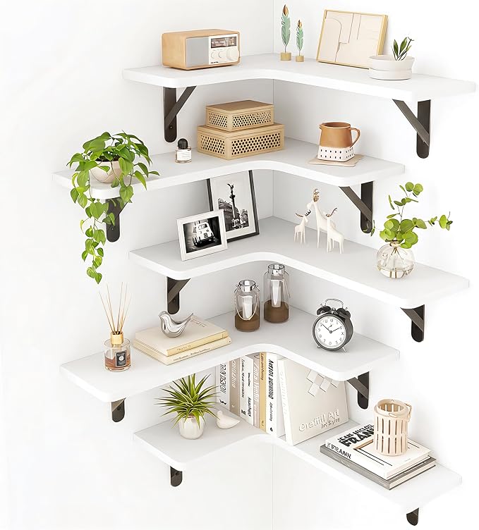 Fixwal Conner Shelves Wall Mounted for Decor, White Set of 5 | Solid wood shelf with metal brackets, holds 40 lbs. Optimizes corner storage. Fits bathroom, kitchen, bedroom & living room.