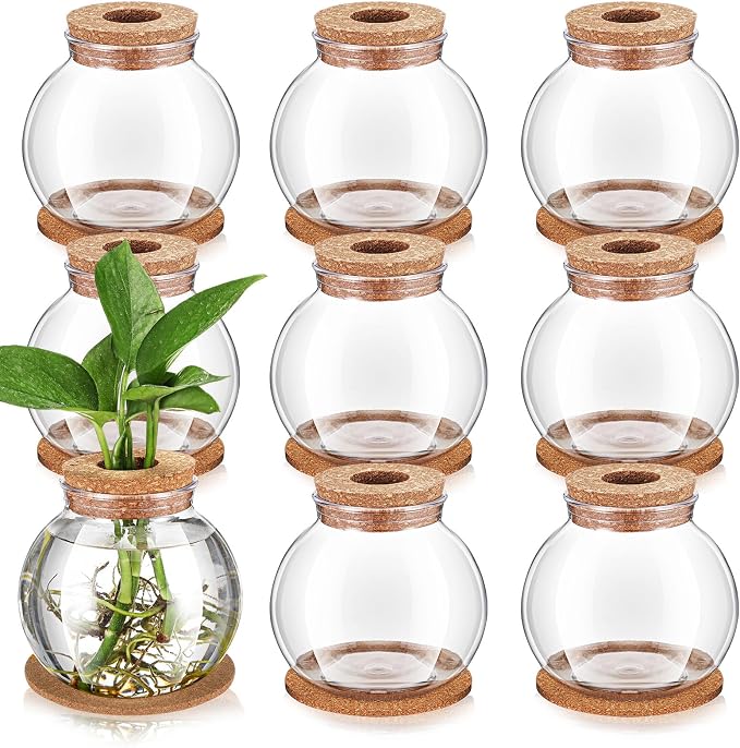 9 Packs Propagation Vases for Plants Plastic Plant Propagation Station with Hole Lid and Cork Coasters Plant Growing in Water Hydroponic Home Office Table Decoration(Fish Bowl Style)