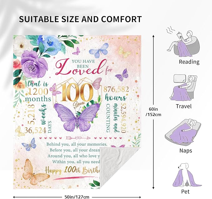 Gifts for 100 Year Old Woman, 100th Birthday Present for Women, 100th Birthday Gift Ideas, Present for Women 100yr Bday, Happy 100 Bday Decorations for Woman Throw Blanket 50"X60"