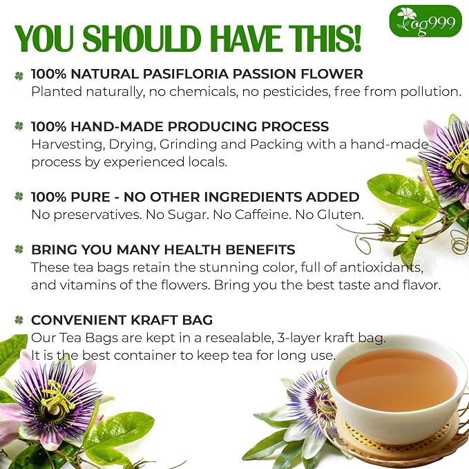 TOG999, Premium 60 Pasiflora Pasion Flower Tea Bags, 100% Natural & Pure. Herbal Tea. No Sugar, No Caffeine, No Gluten, Vegan. (60 Bags Passiflora Flower)
