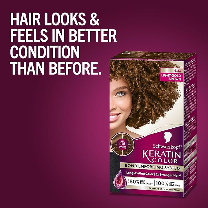 Schwarzkopf Keratin Permanent Hair Dye Cream, 6.33 Light Gold Brown, Professional Quality Color for Up to 100% Gray Coverage, Bond Enforcing System