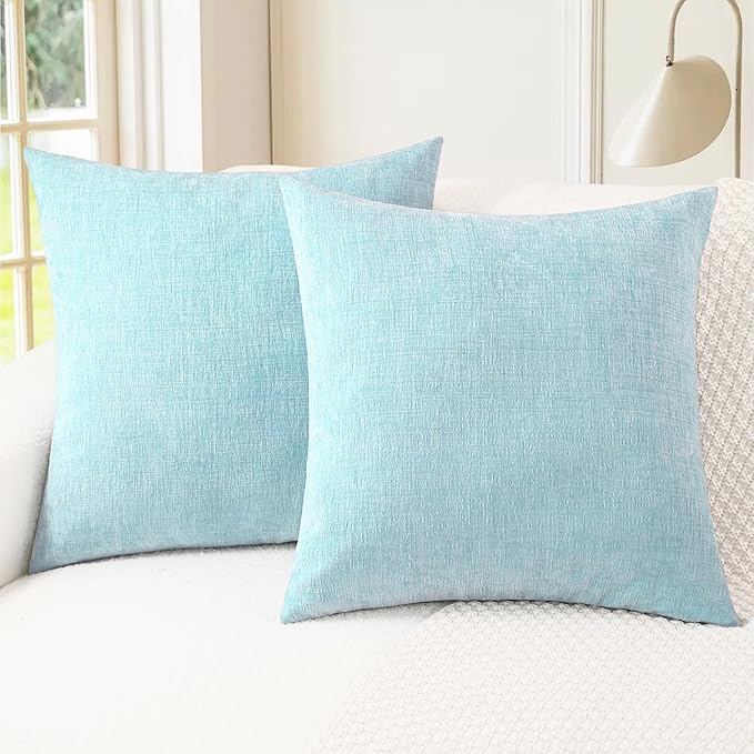 CaliTime Decorative Throw Pillow Covers 18 X 18 Inches Light Blue Grey | Pack of 2, Cozy Chenille Cushion Cases for Couch Sofa Bed Living Room Farmhouse Home