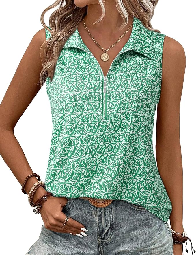 Vivilli Womens Ribbed Tank Top Zipper V Neck Dressy Casual Blouses Sleeveless Camisole Tops Work Tank Polo Shirts