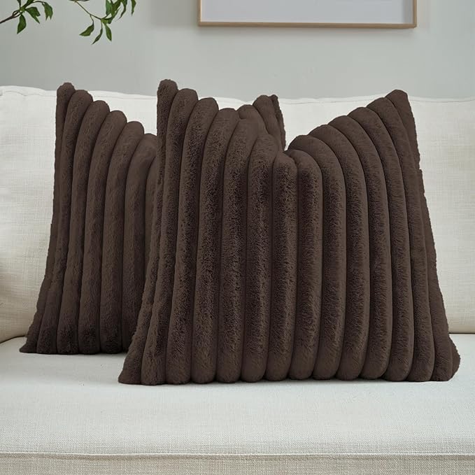 FUTEI Pack of 2 Faux Fur Throw Pillow Covers 20x20 Inch, Dark Coffee | Fluffy Faux Rabbit Fur Front/Premium Velvet Back,Hidden Zipper,Machine Washable,Non-Shedding,Colorfast,Insert Not Included.
