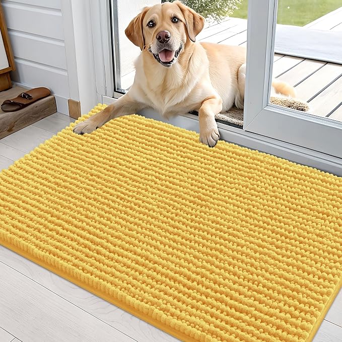 OLANLY Dog Door Mat for Muddy Paws 36x24, Extra Absorbent Chenille Mud Mat | Yellow, Absorbs Moisture and Dirt, Non-Slip Machine Washable Doormat, Quick-Drying Indoor Entryway Floor Mat for Dogs
