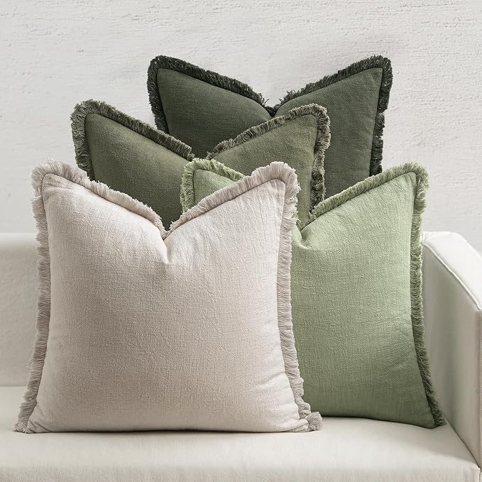 MIULEE Fall Linen Fringe Pillow Covers Set of 4 22x22 Beige/Sage Green | Boho Farmhouse Decorative Throw Pillow Covers, Neutral Soft Rustic Cushion Cases, for Couch Sofa Bed Living Room Home Decor