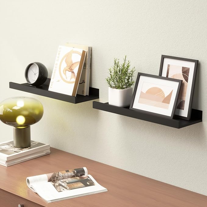 Boswillon Floating Shelves Set of 2, Small Wall Shelf with Lip, 16in, Black | Display Ledge Shelf for Room Wall, Wall Decor Shelves for Bathroom, Living Room, Bedroom, Kitchen, Nursery Room, Modern, Wood