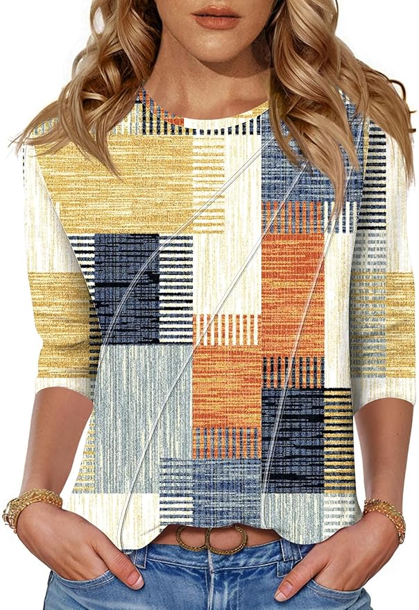 LOMON 3/4 Length Sleeve Womens Tops Spring Summer Fashion 2026 Tops Crew Neck Pleated Shirts Tunic Top Loose Fit
