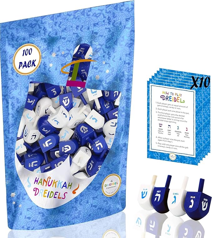 The Dreidel Company Wood Dreidel Bulk Solid Blue & White Wooden Hanukkah Dreidels Hand Painted with English Transliteration- Includes Game Instruction Cards (1000-Pack)