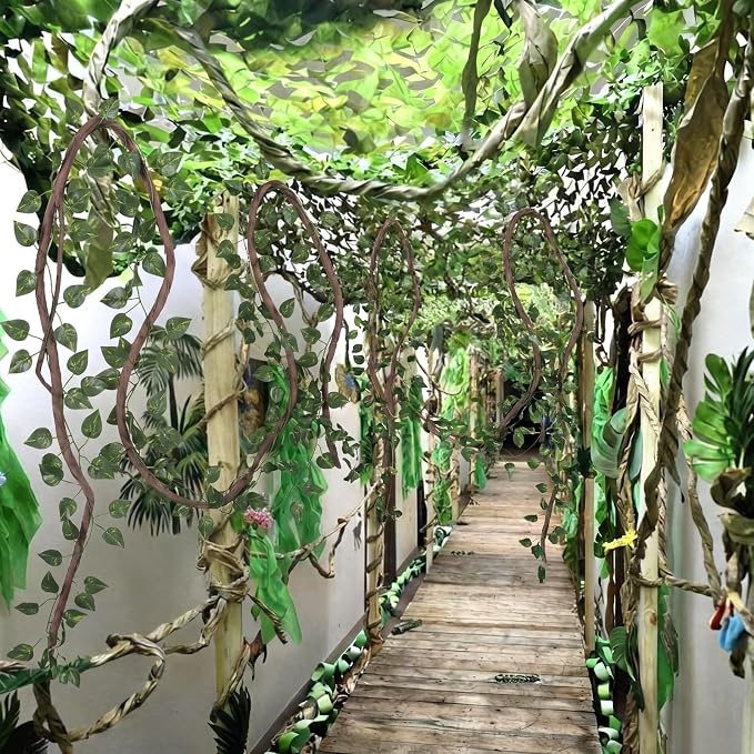 68.9 Ft Artificial Hanging Vines Jungle Greenery Classroom Decor | Rainforest Safari Ceiling Wall Decoration, Tropical Faux Foliage, Whimsical Forest Theme for Reading Corner and Party DIY
