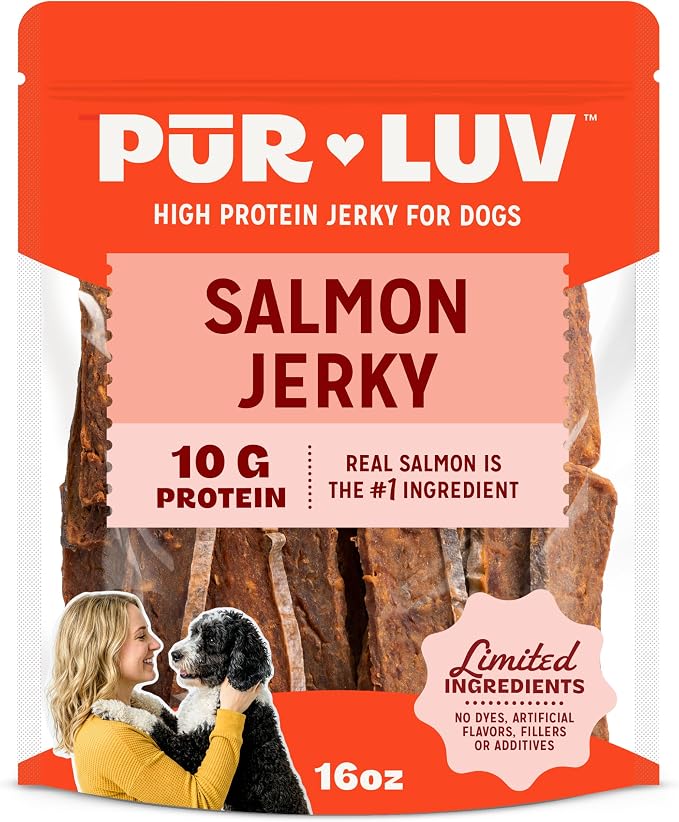 Pur Luv Salmon Jerky Dog Treats | Skin & Coat Support, Made with Real Salmon, Omega 3 & 6 Rich, Grain-Free, High Protein, Easily Digestible Natural Dog Treats