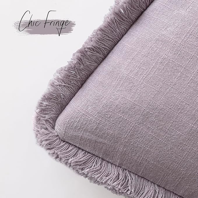 Foindtower Set of 2 Decorative Linen Fringe Lumbar Throw Pillow Covers Boho Farmhouse Cushion Cover with Tassels Soft Accent Pillowcase for Couch Sofa Living Room Home Decor,12×20 Inch,Light Purple