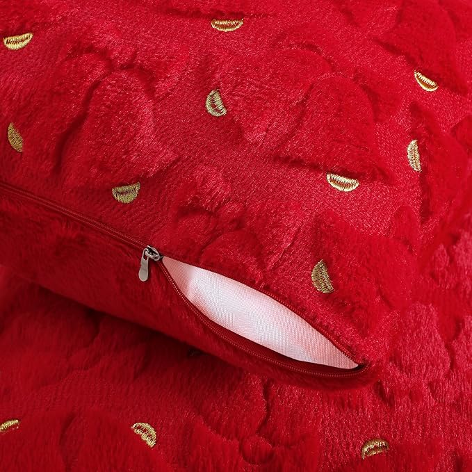 Softalker Christmas Throw Pillow Covers 20 x 20 Inch Set of 2, Xmas Winter Bell Faux Fur Cushion Covers, 3D Embroidered Pillow Cases for Couch Bedroom Living Room Decor, Red