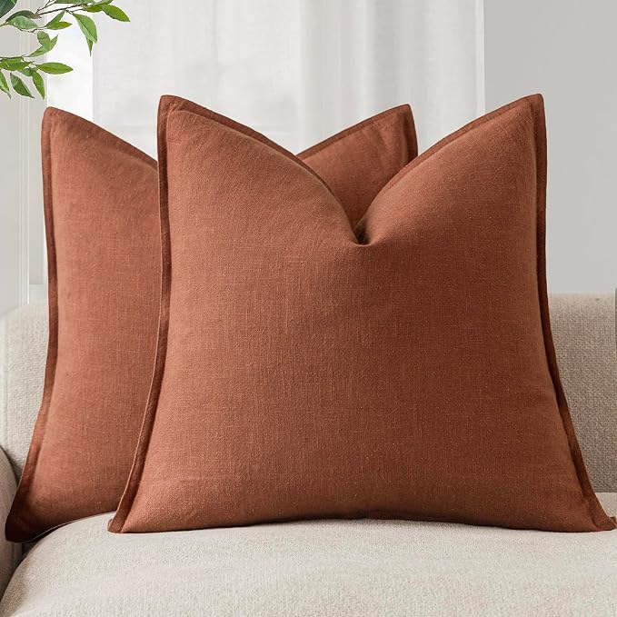 Foindtower Pack of 2, Decorative Linen Solid Throw Pillow Covers Soft Accent Cushion Case Farmhouse Neutral Pillowcase for Chair Couch Sofa Bedroom Living Room Home Decor 20 x 20 Inch Fall Rust Orange