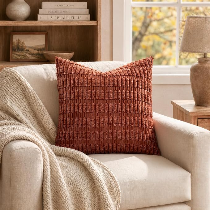 MIULEE Fall Corduroy Decorative Throw Pillow Covers 12x12 Rust Pack of 2 | Terracotta Soft Boho Striped Pillow Covers Modern Farmhouse Autumn Home Decor For Sofa Living Room Couch Bed