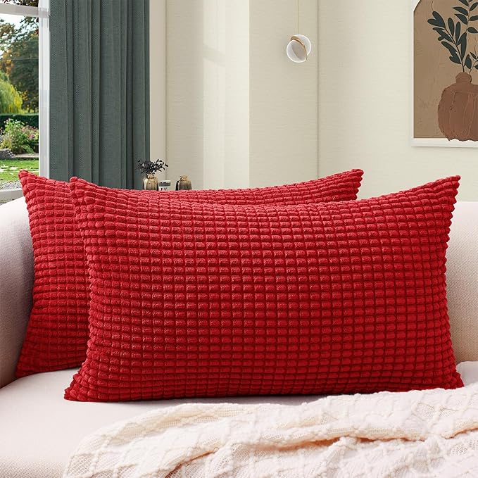 Softalker Corduroy Decorative Throw Pillow Covers 12x20, Set of 2, Red | Soft Boho Striped Pillow Cases, Couch Fluffy Cushion Covers for Farmhouse Home Decor Bed Living Room