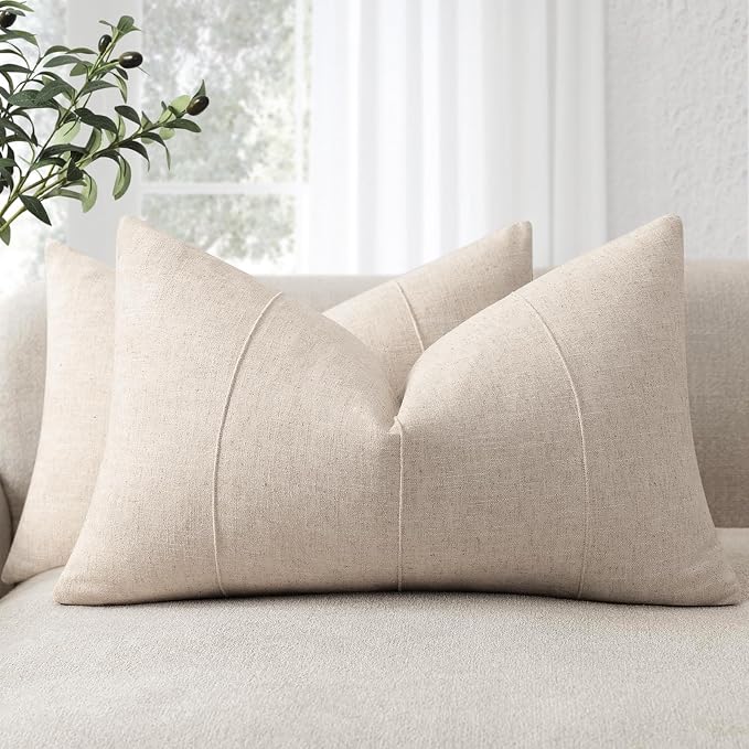 12x20 Pillow Covers Set of 2 Decorative Linen Solid Handcrafted Striped Throw Pillows for Bed Soft Modern Farmhouse Neutral Pillowcase for Couch Bedroom Living Room Home Decor(Natural Beige)