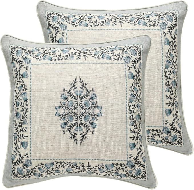 Designer Linen Throw Pillow Cover,Set of 2,18"x18"-Segerman A | Elegant Chinoiserie Square Pillow Cover,Concealed Zipper Design,Floral Pattern,Sofas,Bedroom,Living Room,Lounge Chairs