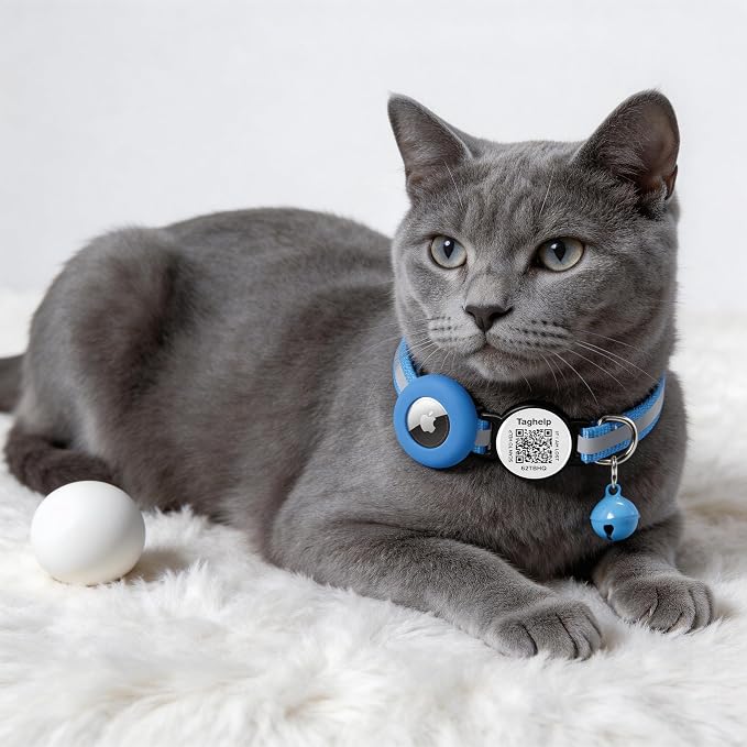 2 Pack Airtag Cat Collar, Breakaway Cat Airtag with Smart ID tag & QR Code Reflective (Reflective Strip & Paw Pattern - Blue, with Integrated AirTag Holder)