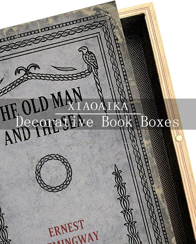 Vintage Faux Leather Decorative Book Box Set of 3 – Wooden Secret Storage Box with Magnetic Closure, Hidden Organizer for Bookshelf, Desk, or Office Decor (The Old Man and The Sea)