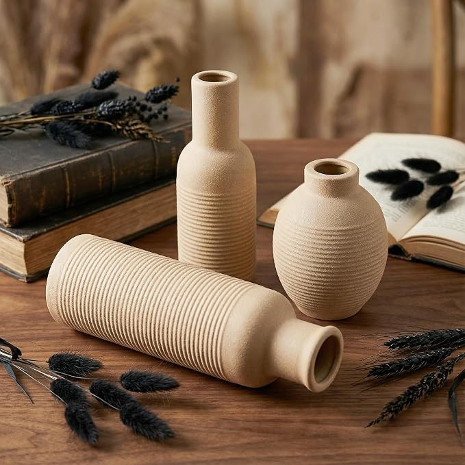 Rustic Farmhouse Vase Set of 3 - Ceramic Decorative Vintage Vases Home Decor - Pampas Grass Dried Fresh Flowers - for Centerpiece, Coffee Table, Mantel Entryway, Living Room, Bedroom (Retro 2)