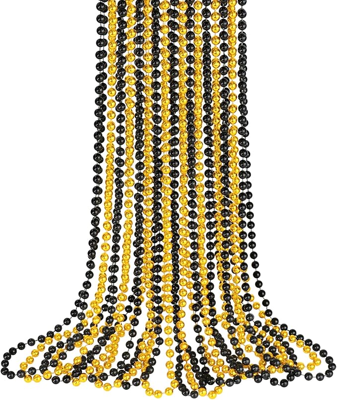 SHAOQINLIN 12 PCS Gold Black New Year Beads Necklaces, 33'' New Year Eve Necklaces Round Beads Necklace Accessories for Happy New Year's Day, Halloween, Christmas, Carnival Party Favors