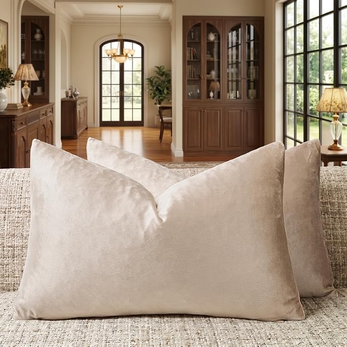 GIGIZAZA Velvet Pillow Covers 12x20 Decorative Pillows Pack of 2 Beige | Lumbar Champagne Throw Pillows for Couch Sofa,280gsm Soft Textured Fabric,Modern Pillowcases,Luxury Cushion Covers